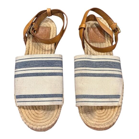 Tory Burch Awning Stripe Canvas Espadrille Sandal Size 7 - Picture 1 of 8